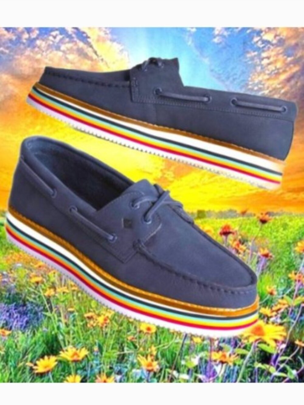 SPERRY Authentic Original Boat Shoes Rainbow Stacked Sole Leather Navy NEW Sz 9 - Picture 2 of 7